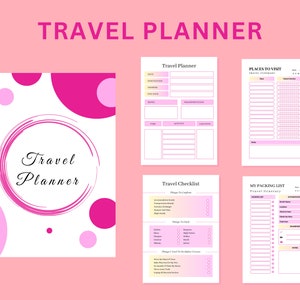 May include: A printable travel planner with pink and white circles on the cover. The planner includes sections for places to visit, a travel checklist, and a packing list.