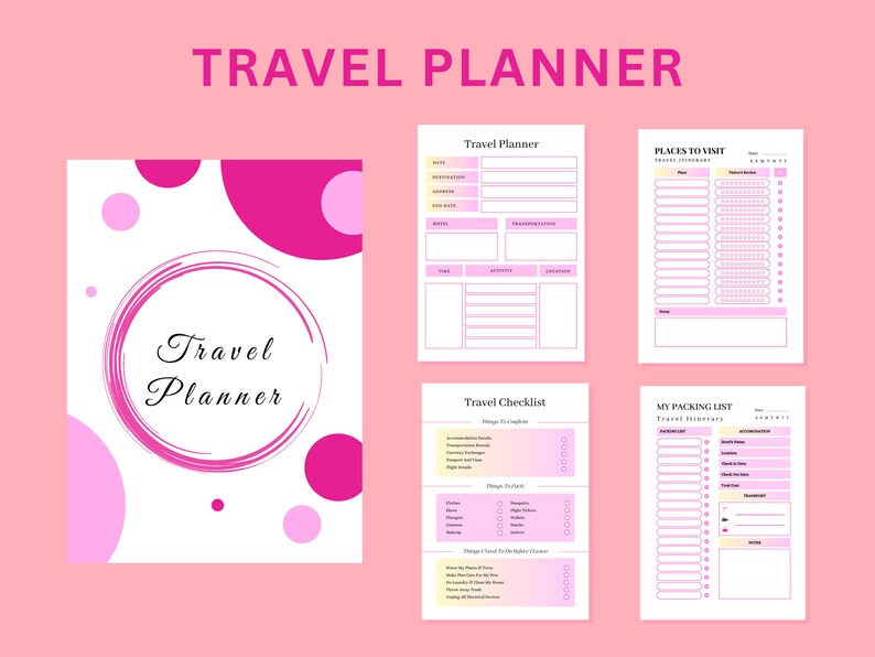 May include: A printable travel planner with pink and white circles on the cover. The planner includes sections for places to visit, a travel checklist, and a packing list.