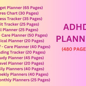 May include: A pink and purple gradient background with a list of 14 different planner types and their page counts. The text "ADHD PLANNER (480 PAGES)" is in large, bold, red letters.
