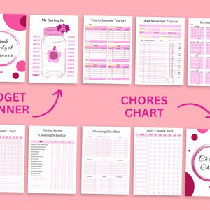 May include: A printable budget planner and chore chart set with pink and white designs. The budget planner includes pages for tracking income, expenses, savings, and debt. The chore chart includes pages for weekly chores, daily chores, and cleaning schedules.