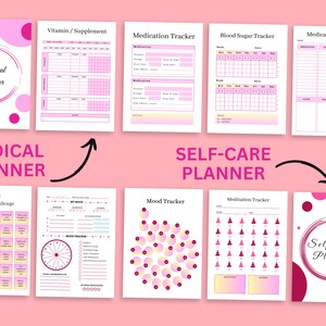 May include: Printable planner pages with pink and white polka dots and a pink and white gradient. The pages include sections for medical planning, self-care challenges, mood tracking, and meditation tracking. The text "Medical Planner" and "Self-Care Planner" are included on the pages.
