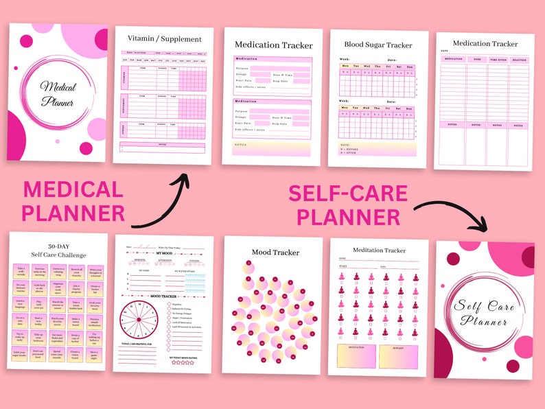 May include: Printable planner pages with pink and white polka dots and a pink and white gradient. The pages include sections for medical planning, self-care challenges, mood tracking, and meditation tracking. The text "Medical Planner" and "Self-Care Planner" are included on the pages.