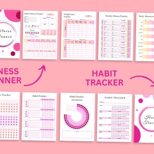 May include: Printable fitness planner and habit tracker pages with pink and white polka dots and a pink and white swirl design. The pages include sections for daily fitness tracking, weekly fitness tracking, weight loss tracking, body measurement tracking, and habit tracking.