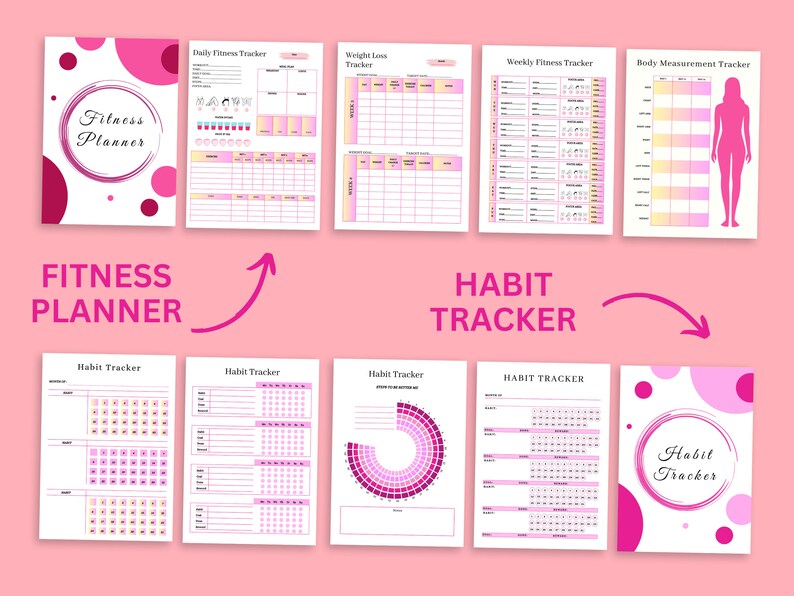 May include: Printable fitness planner and habit tracker pages with pink and white polka dots and a pink and white swirl design. The pages include sections for daily fitness tracking, weekly fitness tracking, weight loss tracking, body measurement tracking, and habit tracking.