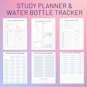 May include: A printable study planner and water bottle tracker with sections for daily study, new skills to learn, daily productivity, and monthly and 30-day water challenges. The planner features a simple black and white design with checkboxes and blank spaces for writing.