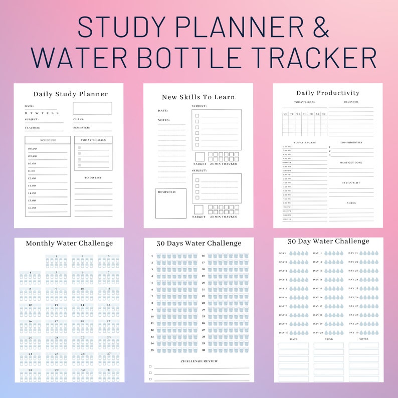 May include: A printable study planner and water bottle tracker with sections for daily study, new skills to learn, daily productivity, and monthly and 30-day water challenges. The planner features a simple black and white design with checkboxes and blank spaces for writing.