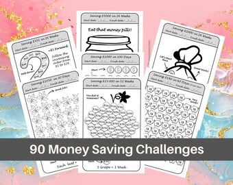May include: A collection of white paper money saving challenge trackers featuring black ink graphics and text. Designs include a jar, leaves, grapes, and piggy banks with labels like Saving $5000 in 26 Weeks and Saving $15,000 in 52 Weeks.