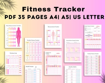 May include: A digital fitness tracker set featuring 35 pages in A4, A5, and US Letter sizes. The collection includes templates for body measurements, workout logs, weight loss, intermittent fasting, and healthy habits with a pink and yellow gradient.