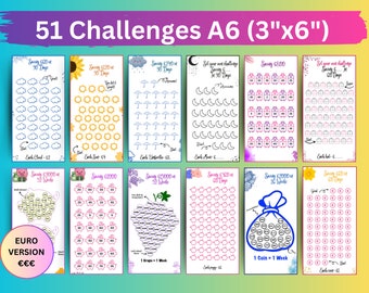 A6 Euro Savings Challenge Printable, 51 Designs (PDF)
