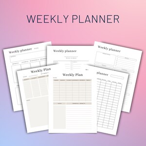 May include: Four printable weekly planner templates with different layouts. Each template has a title "Weekly Planner" and includes sections for notes, dates, and daily tasks.
