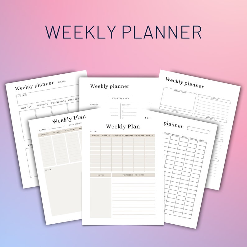 May include: Four printable weekly planner templates with different layouts. Each template has a title "Weekly Planner" and includes sections for notes, dates, and daily tasks.