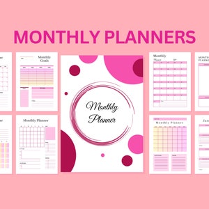 May include: A set of printable monthly planner templates with pink and white color scheme. The templates include calendar grids, goal setting sections, and a monthly planner with a pink circle design.