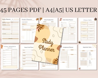 May include: A digital study planner set featuring 45 pages in PDF format, available in A4, A5, and US Letter sizes. The collection includes templates for class schedules, daily productivity, assignments, and important dates with beige and brown accents.