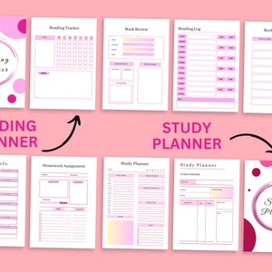 May include: Printable planner pages with pink and white polka dots and text that says "Reading Tracker", "Book Review", "Reading Log", "Book Wishlist", "Reading Planner", "Study Planner", "Class Info", "Homework Assignment", "Study Planner", and "Study Planner".