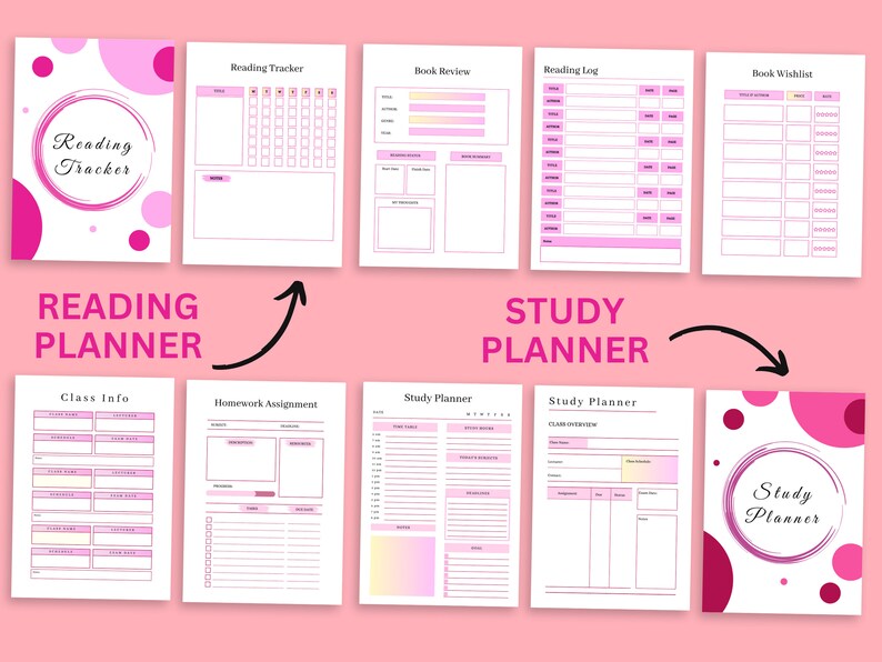 May include: Printable planner pages with pink and white polka dots and text that says "Reading Tracker", "Book Review", "Reading Log", "Book Wishlist", "Reading Planner", "Study Planner", "Class Info", "Homework Assignment", "Study Planner", and "Study Planner".