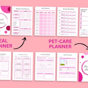 May include: Printable planner pages with pink and white polka dots and text that says "Meal Planner" and "Pet Care Planner". The pages include sections for meal planning, pet care, feeding schedules, and expense tracking.