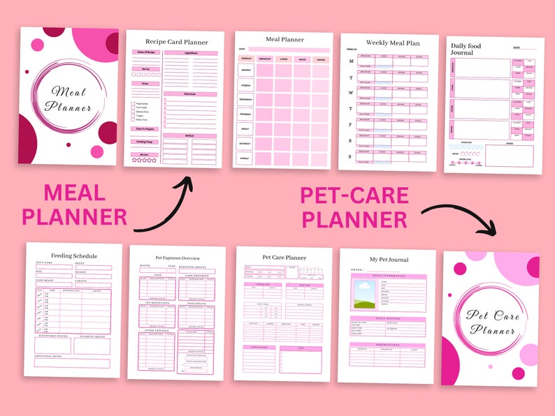 May include: Printable planner pages with pink and white polka dots and text that says "Meal Planner" and "Pet Care Planner". The pages include sections for meal planning, pet care, feeding schedules, and expense tracking.