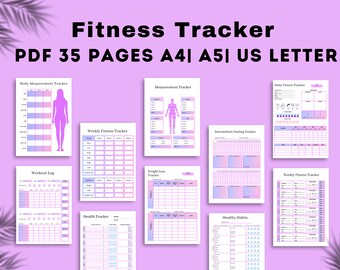 May include: A digital fitness tracker set featuring 35 pages in A4, A5, and US Letter sizes. The collection includes templates for body measurements, weekly fitness, workout logs, weight loss, intermittent fasting, and healthy habits in pink and blue.