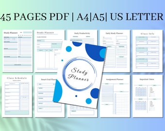May include: A digital study planner set featuring 45 pages in PDF format, compatible with A4, A5, and US Letter sizes. The collection includes templates for class schedules, daily productivity, assignments, and important dates with blue accents.