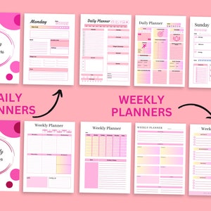 May include: A set of printable daily and weekly planner templates with pink and white polka dots and gradient backgrounds. The templates include sections for daily tasks, weekly goals, and notes.