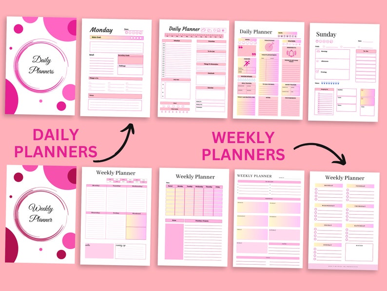 May include: A set of printable daily and weekly planner templates with pink and white polka dots and gradient backgrounds. The templates include sections for daily tasks, weekly goals, and notes.