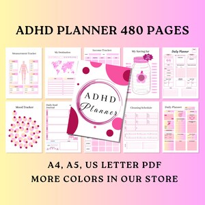 May include: A pink and white printable planner with the text "ADHD Planner" in a circle. The planner includes pages for daily planning, mood tracking, income tracking, cleaning schedules, and more. The planner is available in A4, A5, and US Letter sizes.