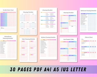 May include: A collection of ten printable cleaning and chore schedule templates featuring pastel gradient headers and black text. The documents include titles like Weekly Chore Chart, Cleaning Checklist, and Bathroom Cleaning Schedule, with checkboxes and lines for organization. The bottom text reads 30 PAGES PDF A4 | A5 | US LETTER.