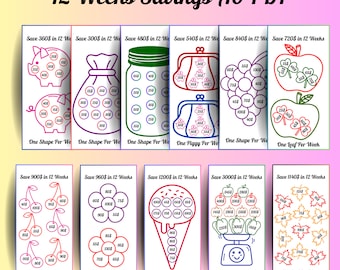 May include: A printable chart with 10 different savings goals, each with a unique image and a corresponding amount to save over 12 weeks. The chart includes images of a piggy bank, a bag, a jar, a cherry, a flower, an ice cream cone, a scale, and a leaf.