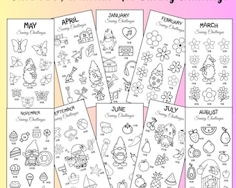 May include: A printable A6 saving challenge with 12 monthly pages. Each page features a black and white illustration of a gnome and various objects related to the month. The text "Save 500$ a Month - A6 Saving Challenge" is at the top of the page.