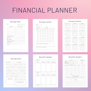 May include: A black and white printable financial planner with sections for savings goals, savings tracker, income tracker, and monthly budget. The planner includes sections for tracking income, expenses, and savings goals.