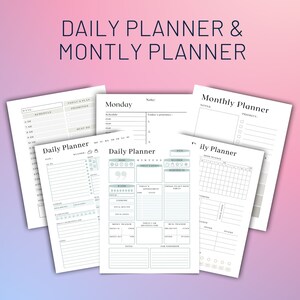 May include: A set of printable daily and monthly planner pages. The pages are designed in a minimalist style with a light gray and white color scheme. The pages include sections for scheduling, notes, priorities, and tracking habits.