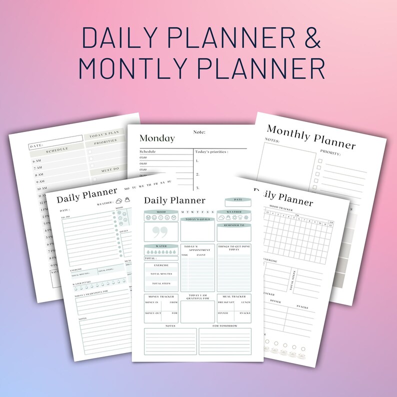 May include: A set of printable daily and monthly planner pages. The pages are designed in a minimalist style with a light gray and white color scheme. The pages include sections for scheduling, notes, priorities, and tracking habits.