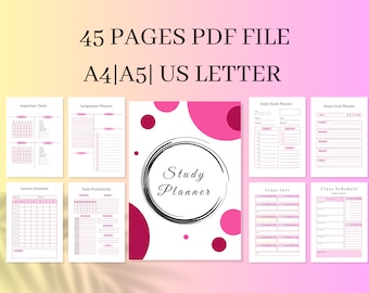 May include: A digital study planner set featuring 45 pages in PDF format, available in A4, A5, and US Letter sizes. The design includes pink circular accents on a white background, with various templates for assignments, schedules, and goals.