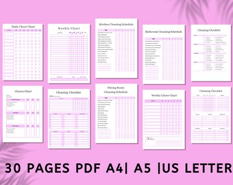 May include: A collection of ten printable cleaning and chore charts featuring a white background with light purple grid lines and text. The documents include titles like Daily Chore Chart, Weekly Chart, Kitchen Cleaning Schedule, and Cleaning Checklist.