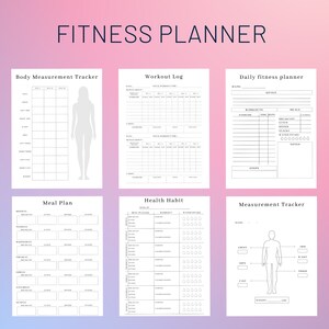 May include: A printable fitness planner with sections for body measurement tracking, workout logs, daily fitness planning, meal planning, health habit tracking, and measurement tracking. The planner features a minimalist design with black text on a white background.