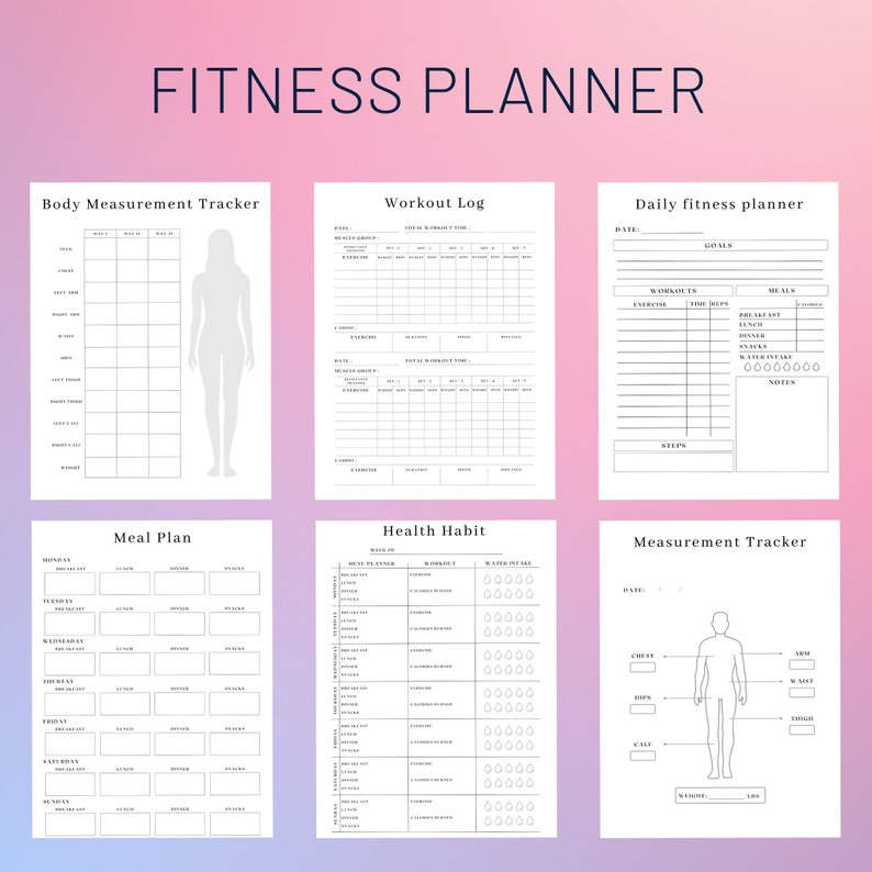 May include: A printable fitness planner with sections for body measurement tracking, workout logs, daily fitness planning, meal planning, health habit tracking, and measurement tracking. The planner features a minimalist design with black text on a white background.