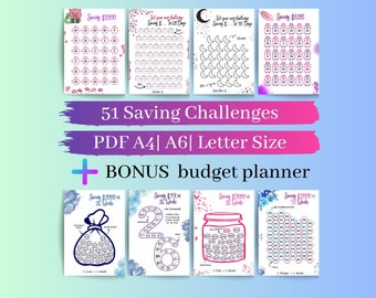 May include: A set of 51 printable saving challenge charts in PDF format. The charts feature different themes and designs, including a piggy bank, a moon, a jar, and a money bag. The charts are designed to help you save money over a set period of time. The text on the image reads "51 Saving Challenges PDF A4 | A6 | Letter Size + BONUS budget planner".