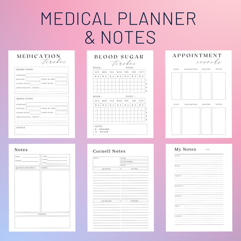 May include: A printable medical planner and notes page with sections for medication tracker, blood sugar tracker, appointment records, notes, and Cornell notes. The planner is designed to help people manage their health and wellness.