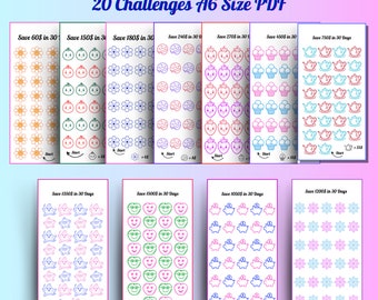 May include: A printable PDF sheet with 20 different savings challenges. Each challenge has a different icon and a goal amount to save. The icons include flowers, strawberries, teapots, piggy banks, and more. The text on the sheet reads "30 days savings 20 Challenges A6 Size PDF".