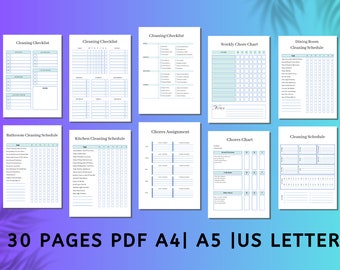 May include: A collection of ten printable cleaning and chore planning templates featuring light blue grid lines and black text. The documents include titles such as Cleaning Checklist, Weekly Chore Chart, and Dining Room Cleaning Schedule, with 30 PAGES PDF A4| A5 |US LETTER printed at the bottom.