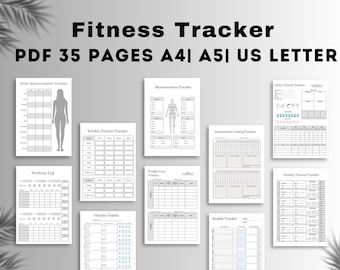 May include: A collection of printable fitness tracker pages including a body measurement tracker, weekly fitness tracker, workout log, weight loss tracker, intermittent fasting tracker, and healthy habits log, available in A4, A5, and US Letter sizes.