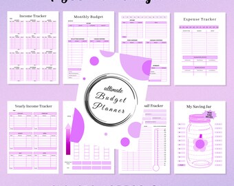 May include: A 65-page PDF budget planner set featuring white pages with purple grid lines and text. Includes an income tracker, monthly budget, expense tracker, yearly income tracker, and a savings jar graphic with the text 'YOU CAN DO IT!'.