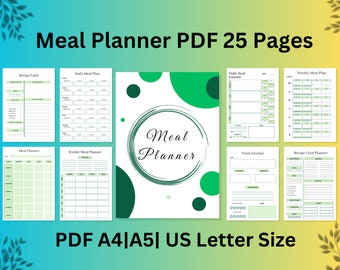 Meal planner printable, Weekly meal planner, Daily meal planner, Grocery List printable, meal planning, meal plan PDF, Recipe Cards PDF