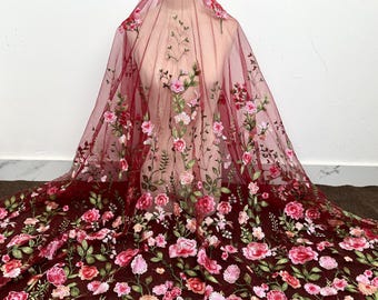 Red Tulle Lace Dress Fabric,Embroidery Flower Lace Fabric,Couture Fabric,Mesh Lace Fabric,Retro Lace Fabric,Prom Gown,