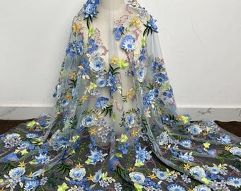Blue Tulle Lace Fabric,Embroidery Lace Fabric,3D Floral Tulle Lace Fabric,Bridal Gown Lace,Wedding Embroidery Lace  Fabric,By The Yard,