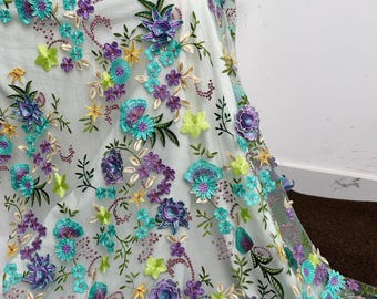Green 3D flower Lace Fabric,Prom Dress Embroidery Lace Fabric,Mesh Lace Fabric,Party Dress Fabric,Dress Fabric,Fabric By The Yard