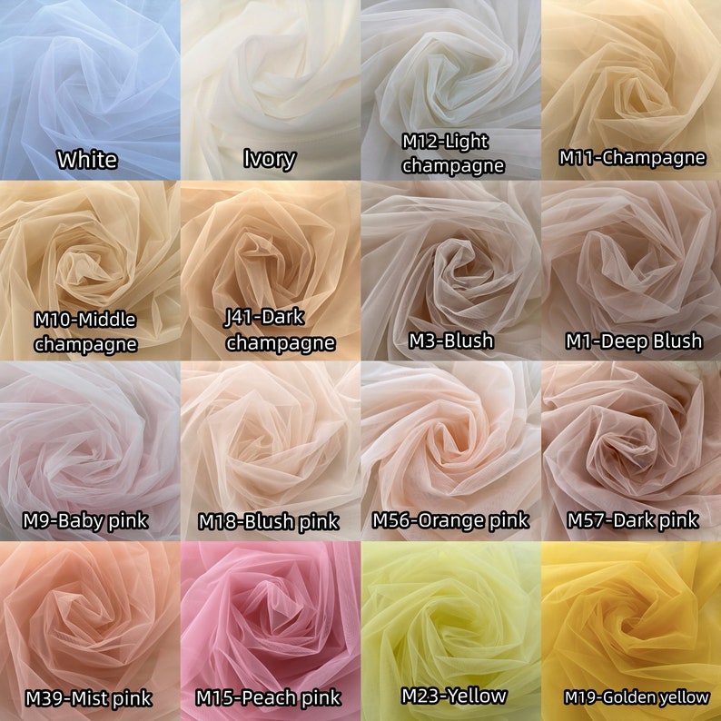 May include: A swatch card showing 12 different colors of tulle fabric. The colors are: white, ivory, light champagne, champagne, middle champagne, dark champagne, blush, deep blush, baby pink, blush pink, orange pink, dark pink, mist pink, peach pink, yellow, and golden yellow.