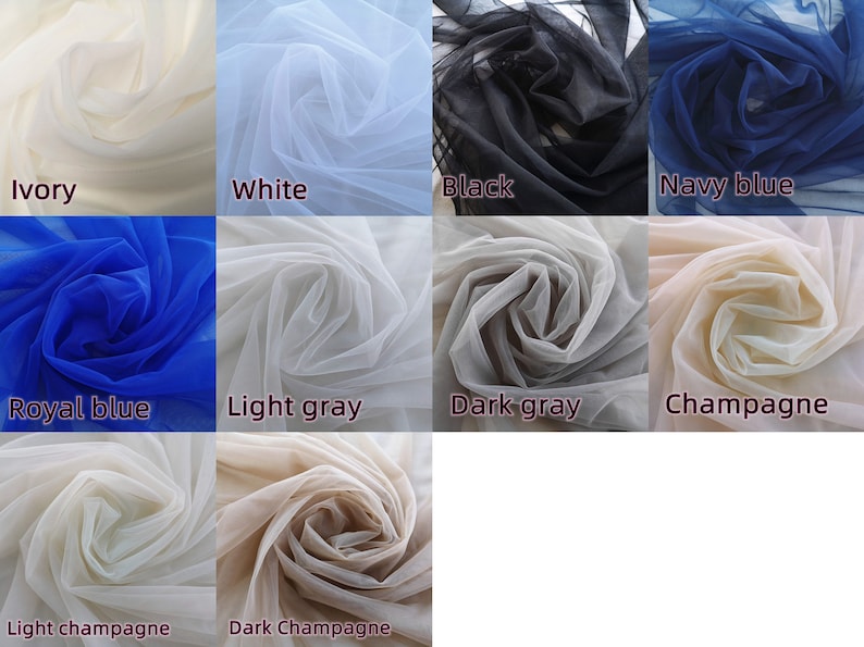 May include: A collection of ten fabric swatches in various colors, including ivory, white, black, navy blue, royal blue, light gray, dark gray, champagne, light champagne, and dark champagne.