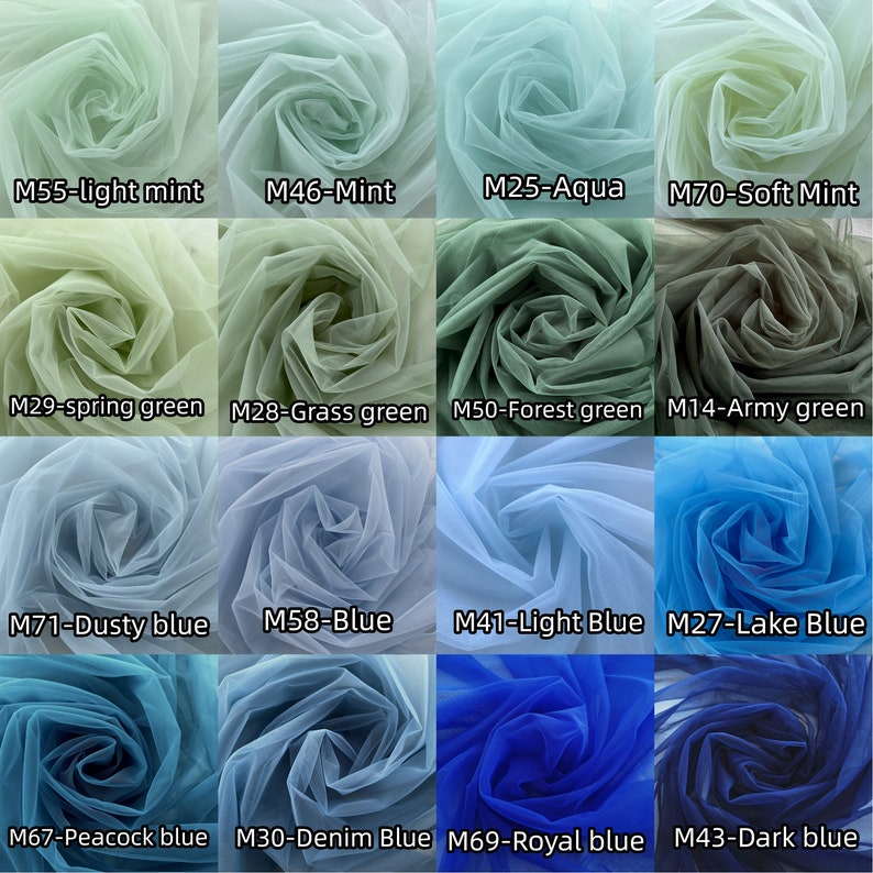 May include: A collection of 12 tulle fabric swatches in various shades of green and blue. The swatches are arranged in a grid pattern and labeled with their corresponding color names and codes. The colors include light mint, mint, aqua, soft mint, spring green, grass green, forest green, army green, dusty blue, blue, light blue, lake blue, peacock blue, denim blue, royal blue, and dark blue.
