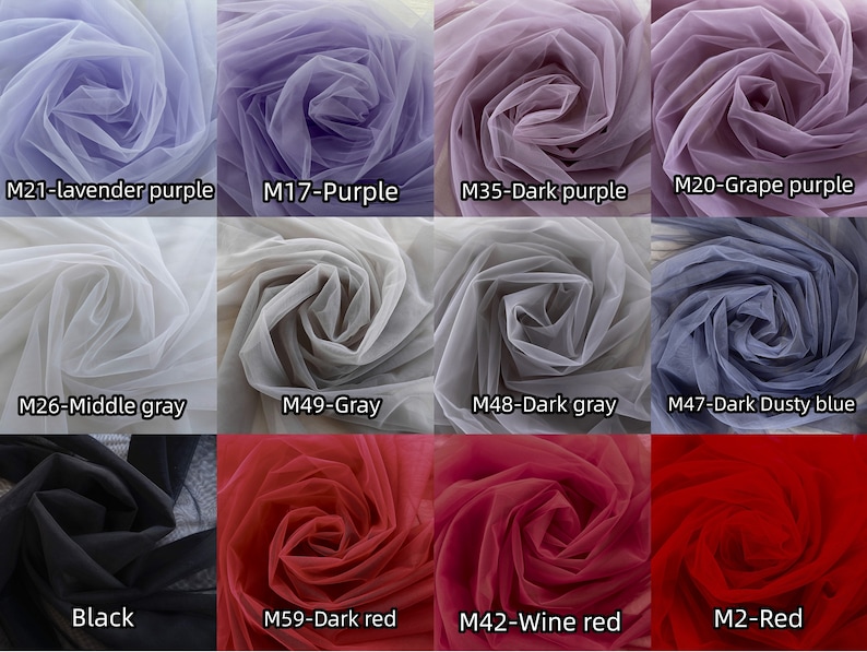 May include: A collection of 12 tulle fabric swatches in various colors, including lavender purple, dark purple, grape purple, middle gray, gray, dark gray, dark dusty blue, black, dark red, wine red, and red. The swatches are arranged in a grid pattern.